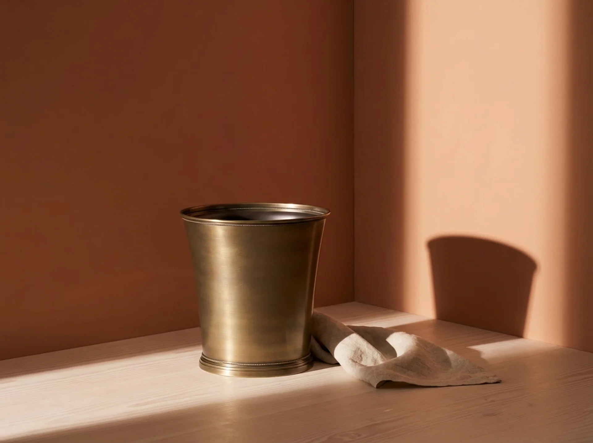 Brass bucket on shelf