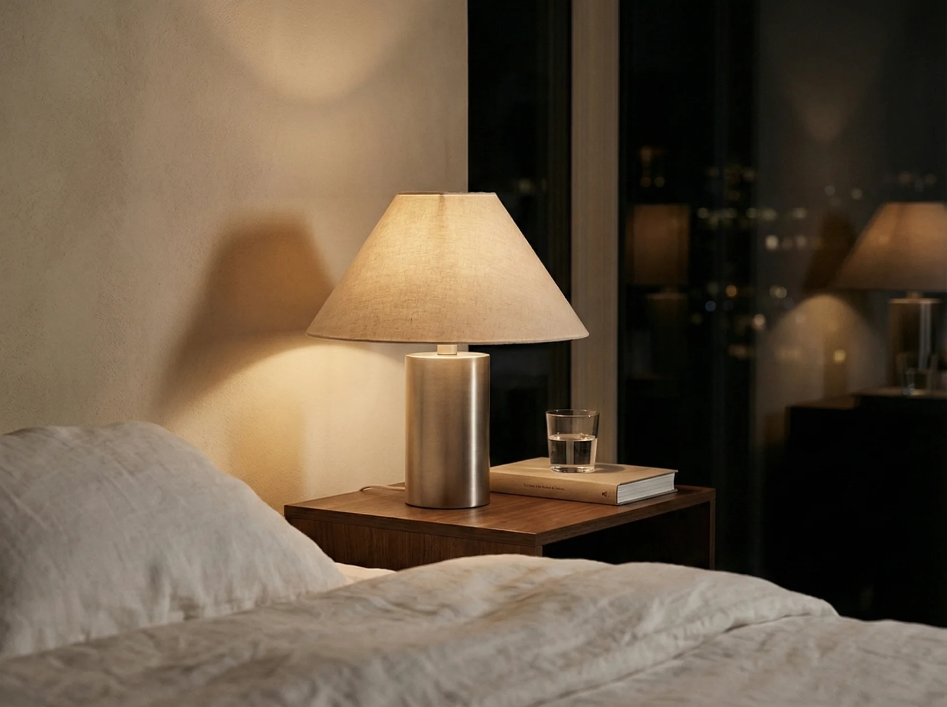 Lamp on bedside table